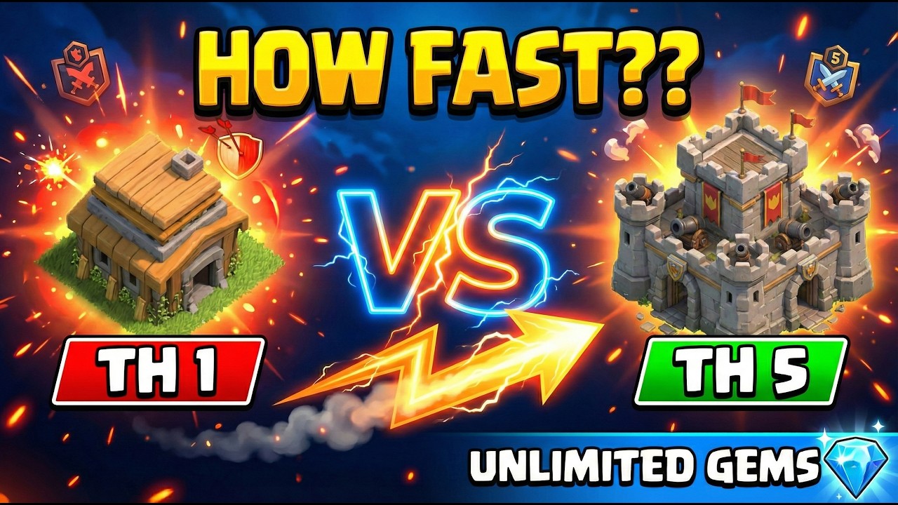 Upgrading Town Hall 1 to 5 with UNLIMITED Gems in Clash of Clans! ⚡ (How Fast Can You Go?)