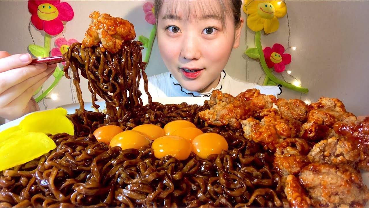 ASMR ジャージャー麺 ヤンニョムチキン Jajangmyeon 짜장면 양념치킨【咀嚼音/大食い/Mukbang/Eating Sounds】