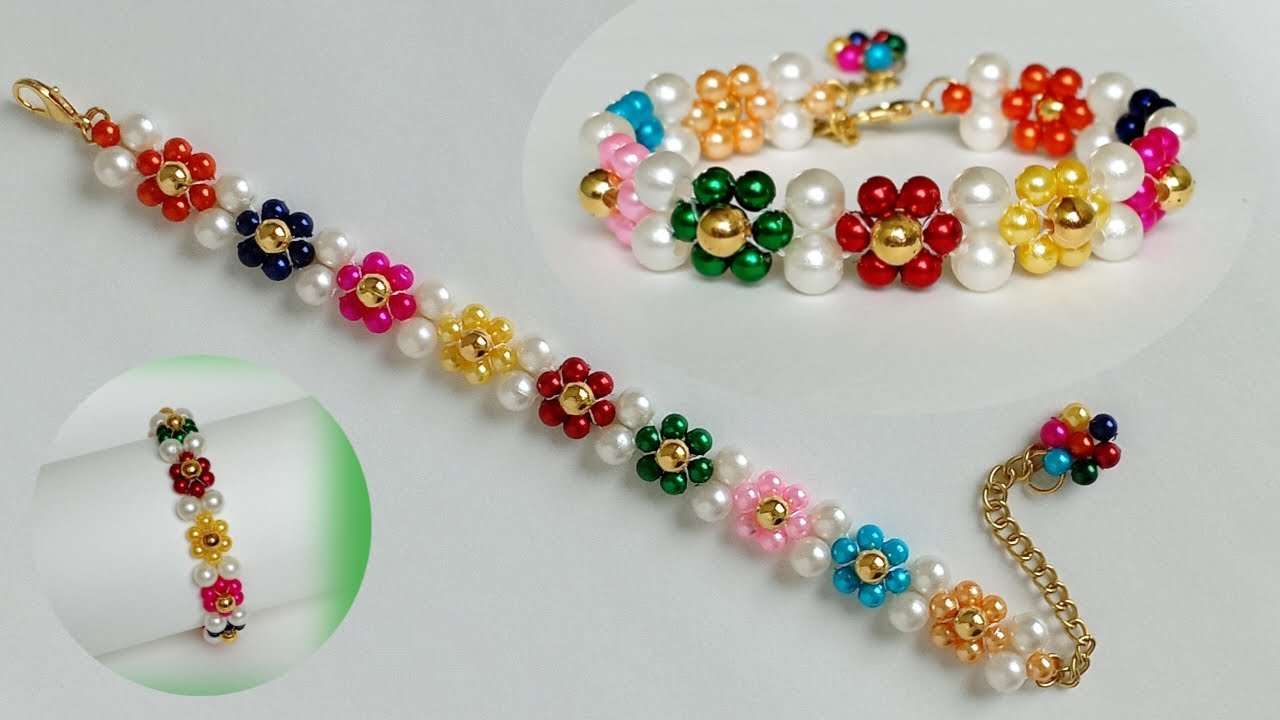 How to make flower bracelet with beads || beautiful bracelet making at home | beaded flower bracelet