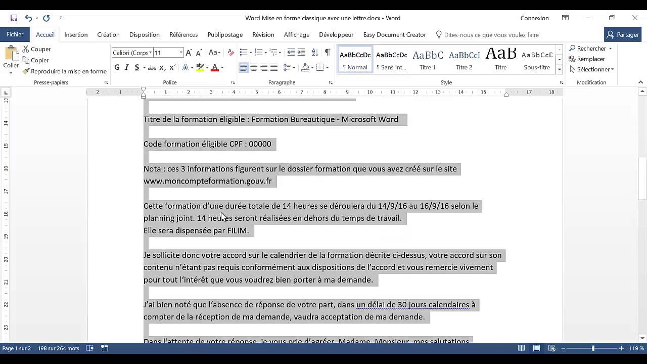 Word - 1 Basique - Exercice Mise en forme classique d'une lettre