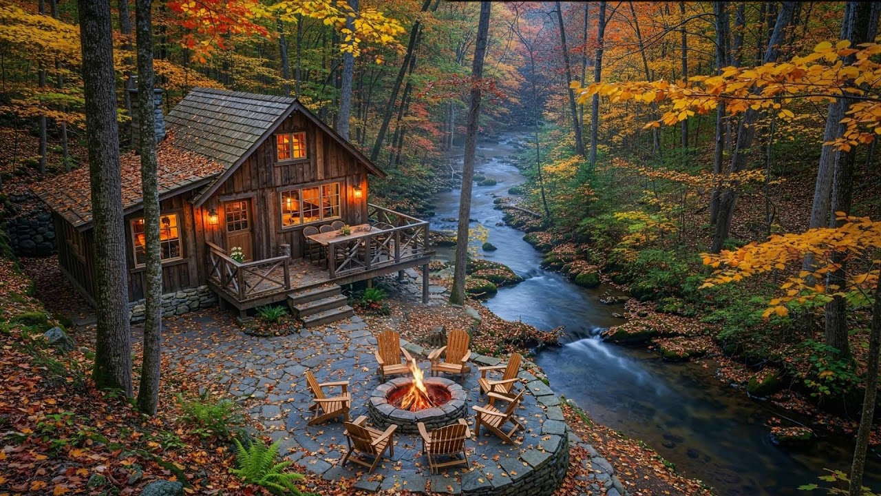 Cozy Autumn Cabin Retreat | Calm Fireplace and Forest River Sounds