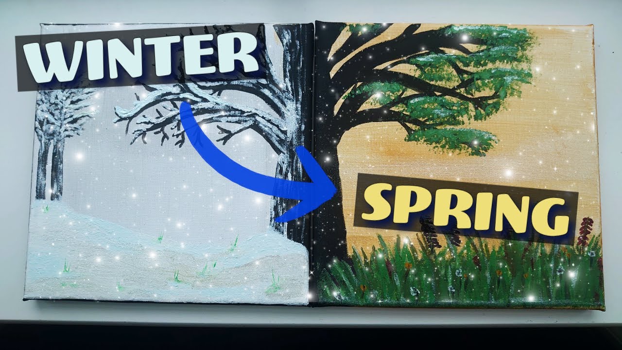 2 Canvas Art Painting the Seasons ❄️ Winter to Spring 🌷 Acrylic Painting Beginner #acrylicpainting