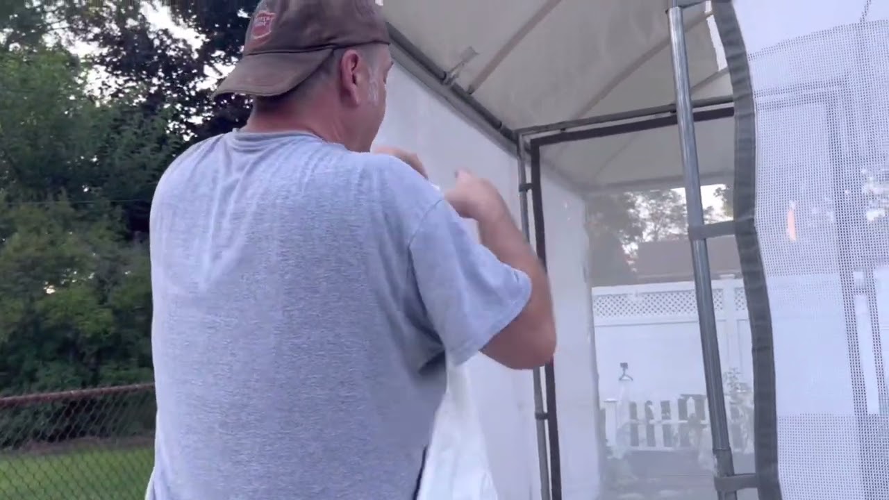 Assembling 10 x 10 Trimline Canopy Art Fair Tent vinyl & mesh walls display door Sky light roof
