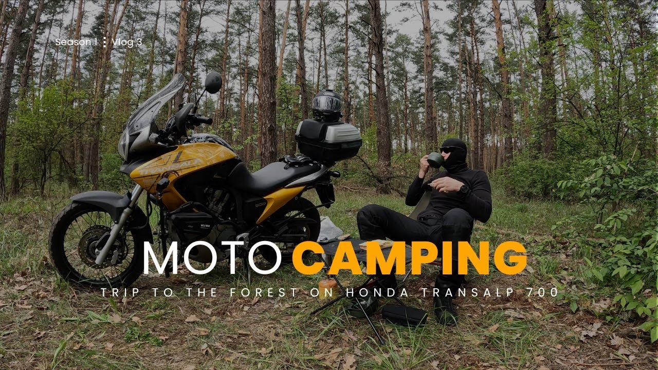 Ride in the forest on a Honda Transalp 700. motorcycle camping