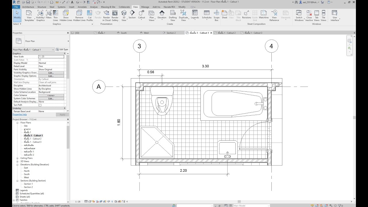 Revit 2020 บ้านชั้นเดียว บทที่12 การโหลด Family ห้องน้ำ ห้องครัว