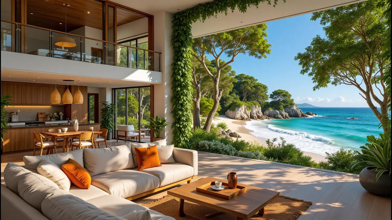 Relaxing Beachfront Villa with Jazz Music and a Cafe | Gentle Jazz Melody & Ocean View
