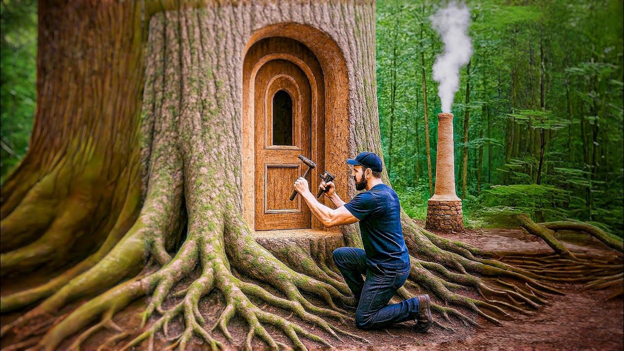 I Built a Massive Tree Trunk House Deep in the Mountains | Survival Shelter