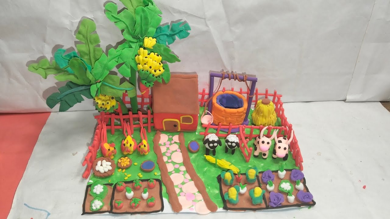 Diy miniature clay farm model with house, banana trees, well. 