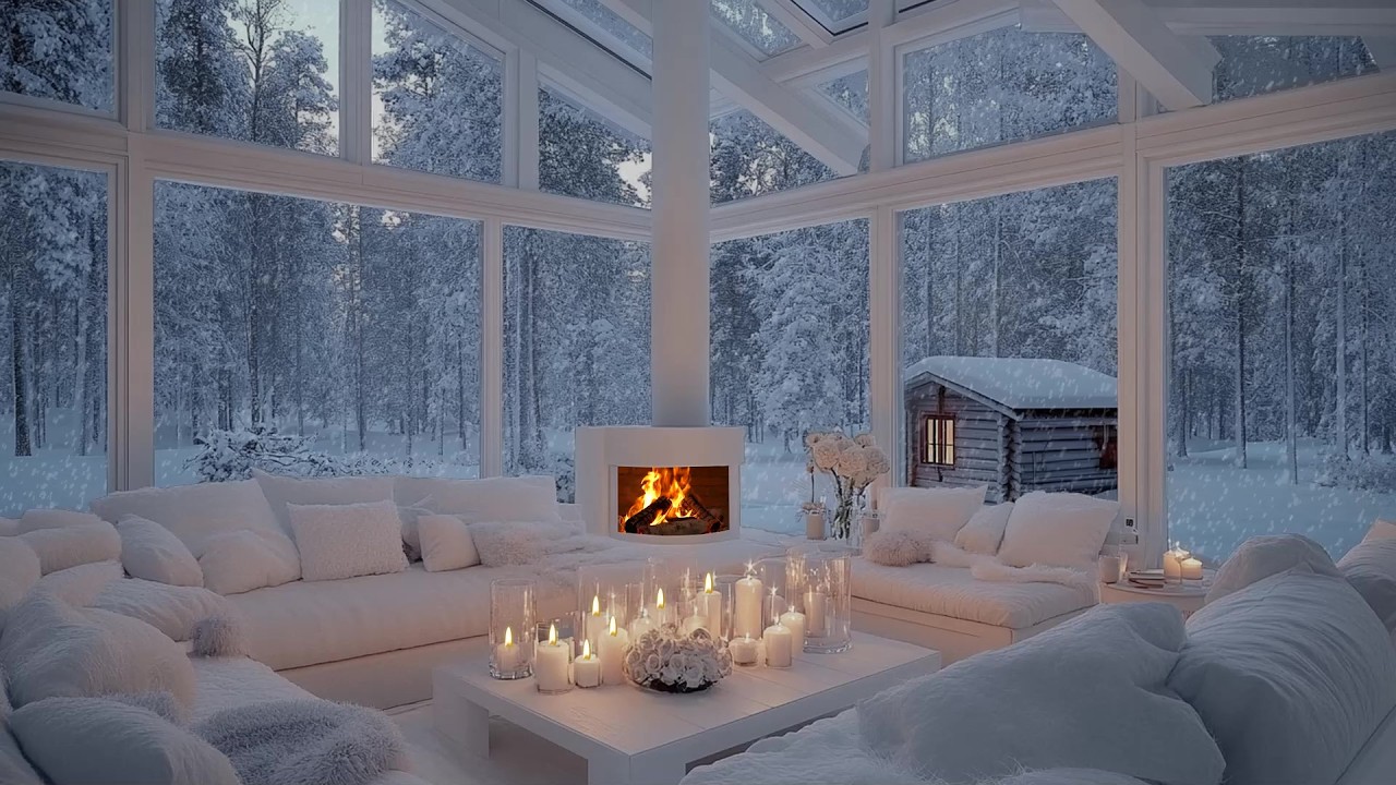 🔥🎹 Fireside Snow Piano Lounge | Snow Drifting Outside & Elegant Winter Flowers | Deep Calm Evenings