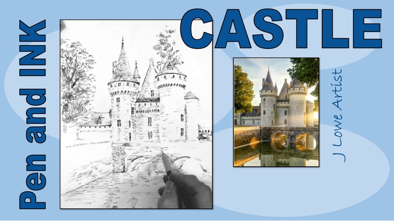 How to Draw a Castle with Bridge, Pen and Ink Drawing for Beginners