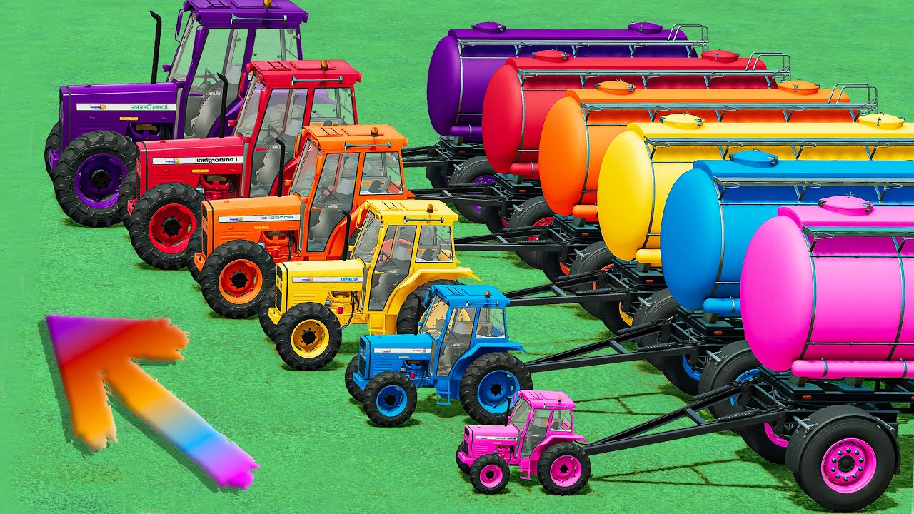 Small to GIANT Tractors & TRAILER TRAIN vs EXTREME MUDDY PARKOUR with PORTAL TRAP - FS22