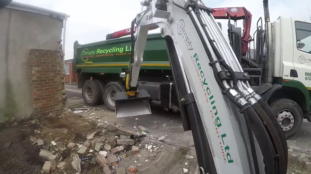 Brick Wall Removal With Engcon Tiltrotator Mini Digger & Grab Lorry Hire. Vid #4