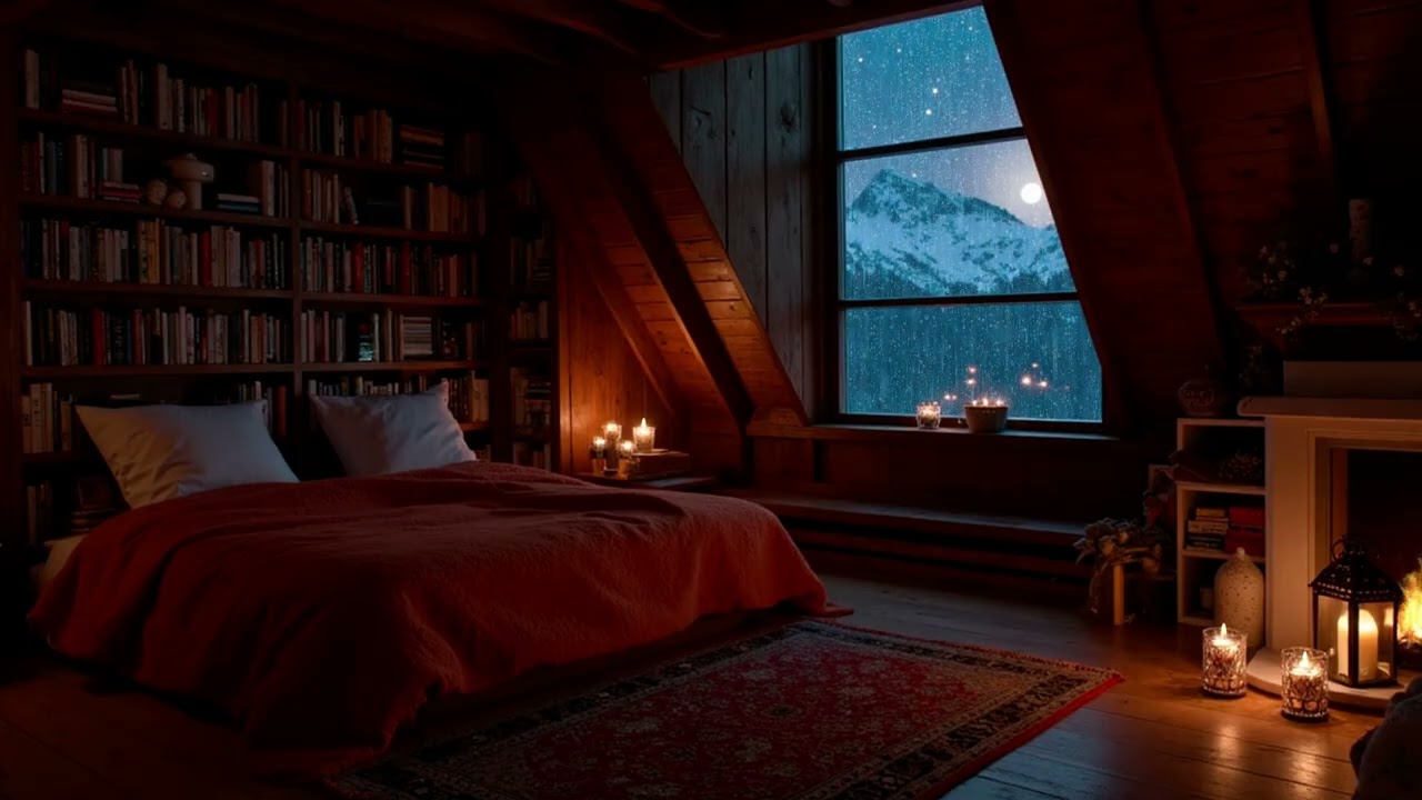 Rainy Night in a Cozy Attic Bedroom | Relaxing Mountain Rain Sounds for Deep Sleep