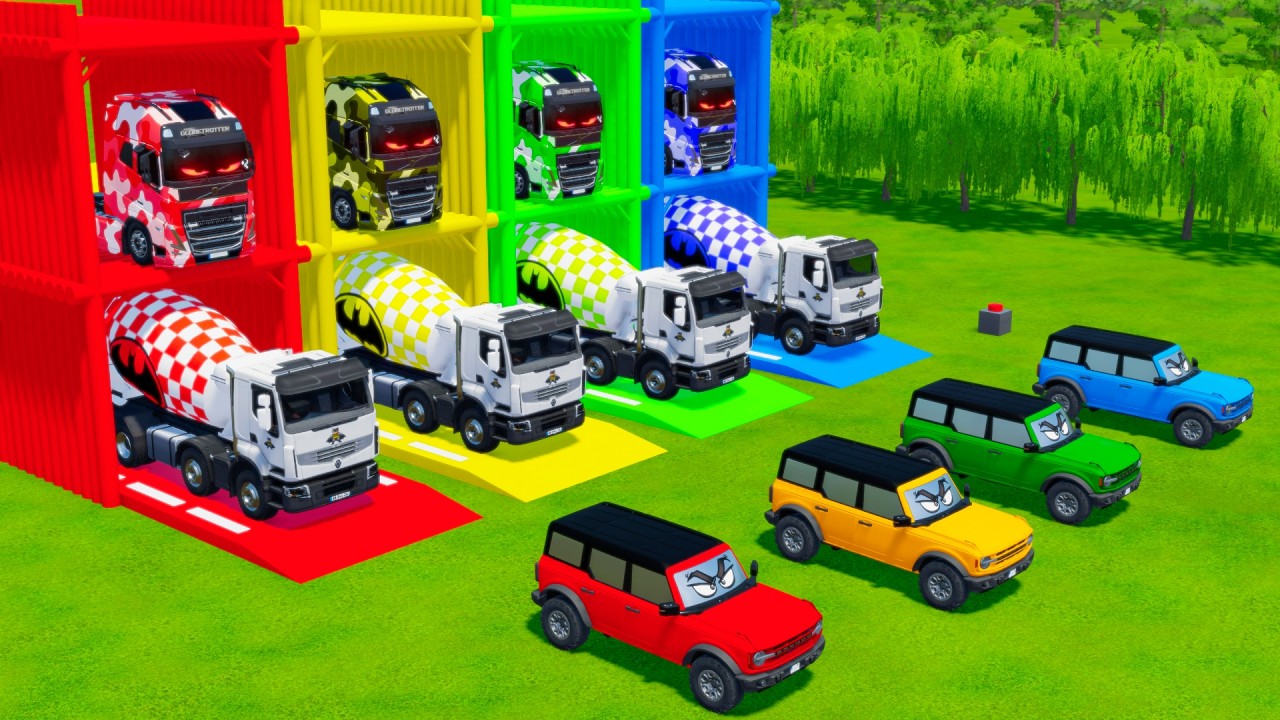Garage with Colors - ALL MIXER TRUCK WITH DOUBLE FLATBED TRAILER TRUCK, KAMAZ, MAN, VOLVO, URAL