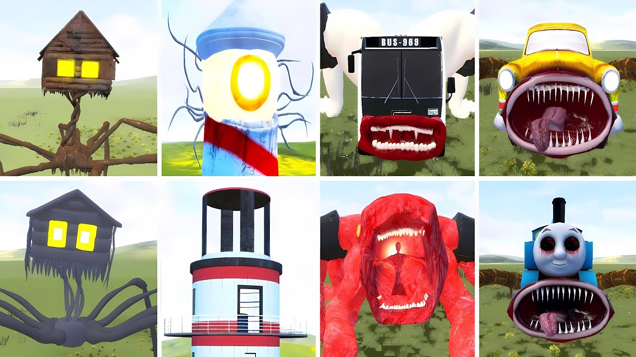 TURNING ALL NEW CAR EATER,LIGHTHOUSE,BUS EATER,EXTRA SLIDE,CURSED TRAIN,MEGAHORN (GMOD)!!!