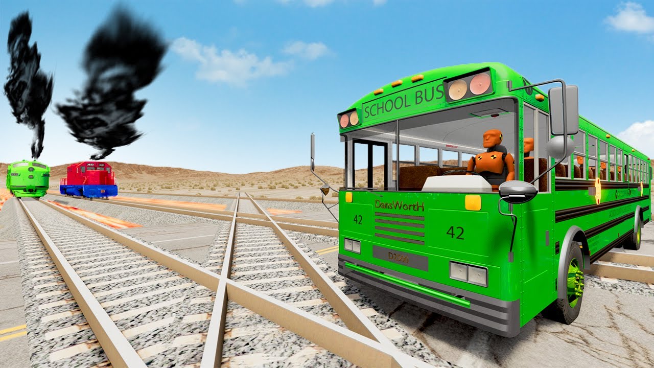 Trains vs Lava Crossing Road and Double Rails Tractor Rescue Stuck Cars and Buses 05 - BeamNG.Drive