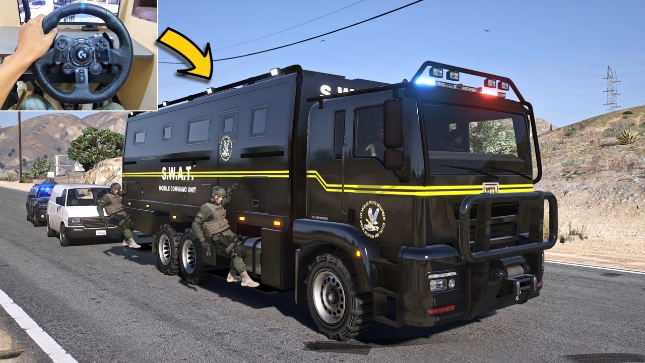 GTA 5 Playing as Sheriff Driving SWAT Mobile Command Unit - Steering Wheel Gameplay