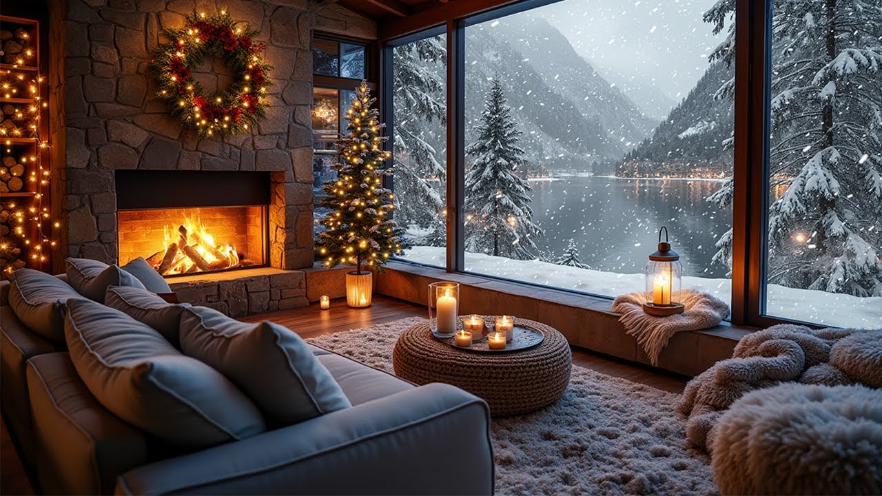 Cozy Lakeside Cabin in the Snowy Mountains ❄️🔥 Warm Fireplace Ambience