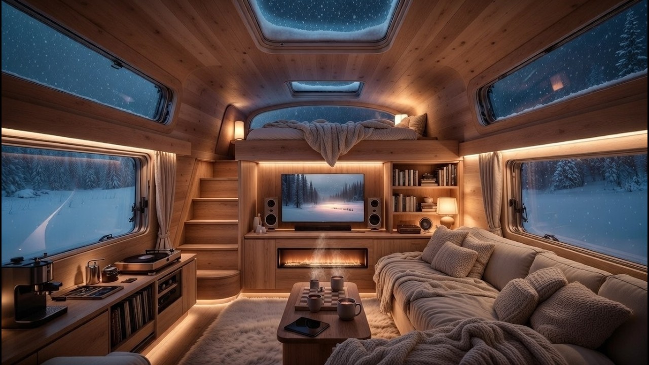Snowstorm Night in a Two-Level Luxury Camper ❄️ Cozy Loft & Fireplace Ambience (8 Hours)