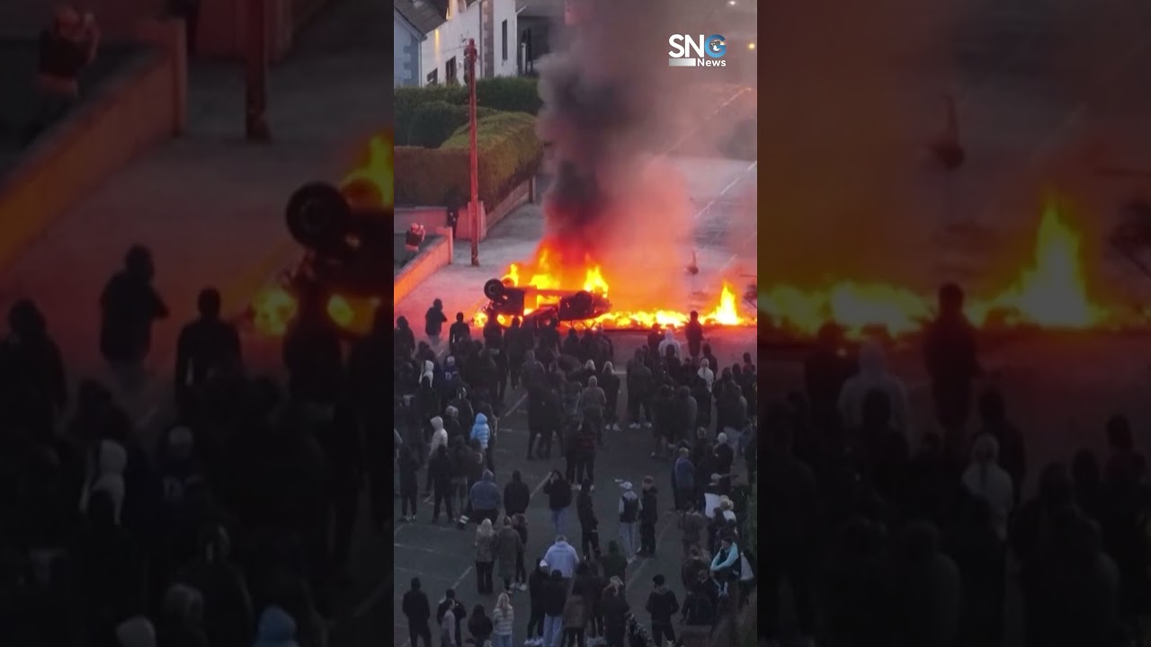 Northern Ireland :Drone footage of anti-immigrant violence following a knife attack in Belfast