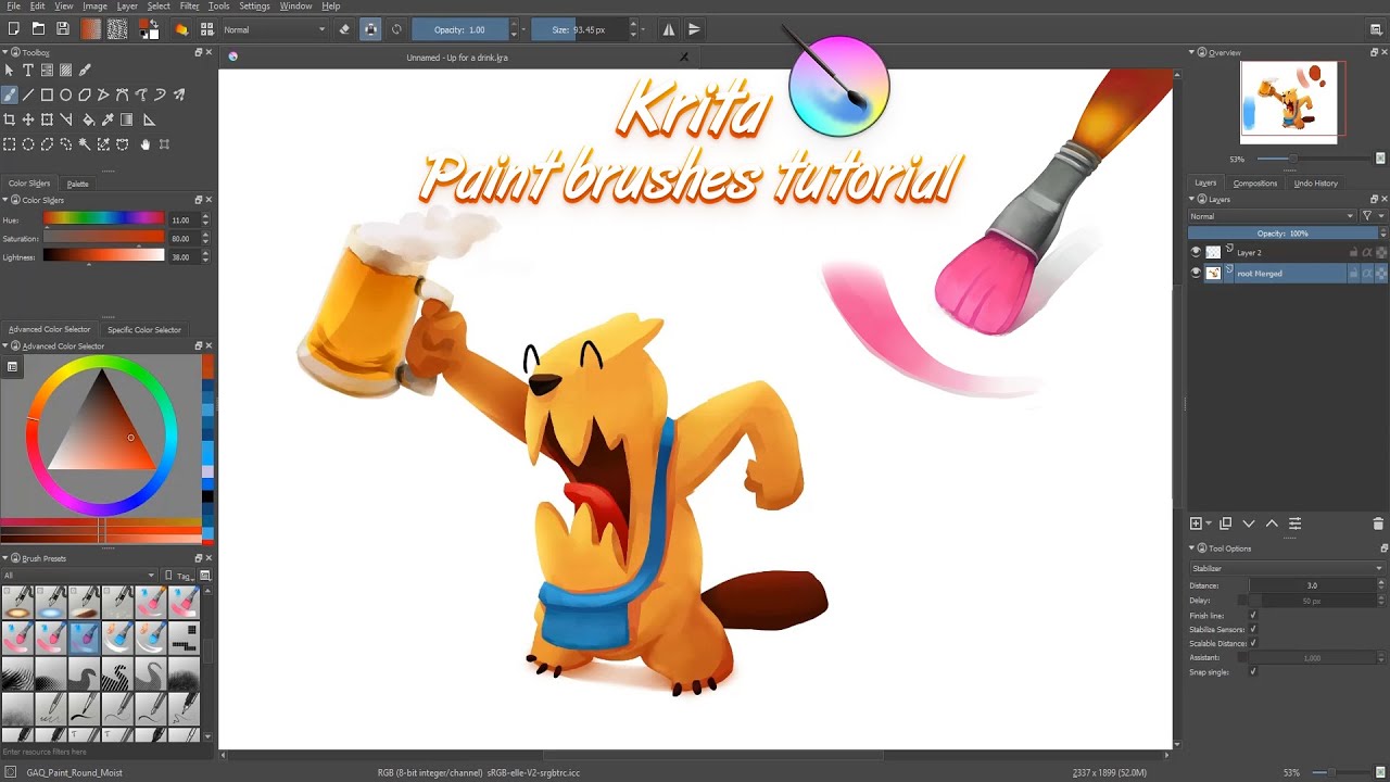 Krita brushes tutorial - How to use the color mixing brushes