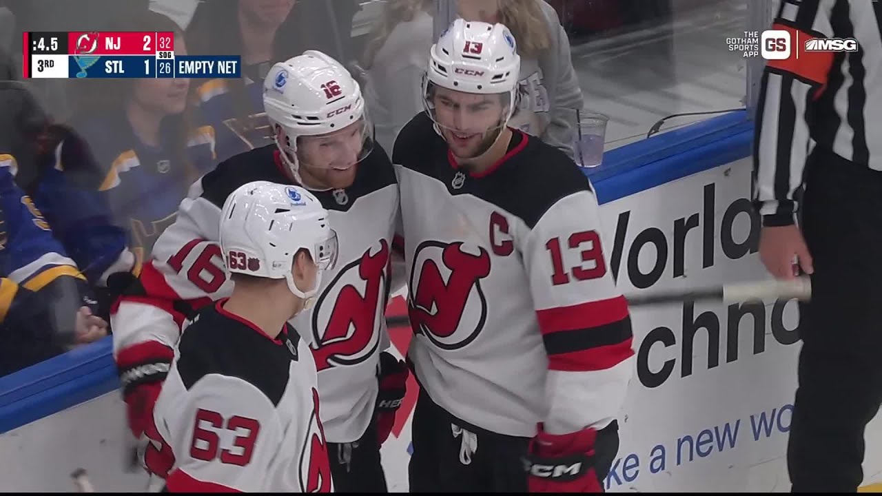 Nico Hischier scores a goal against the St. Louis Blues