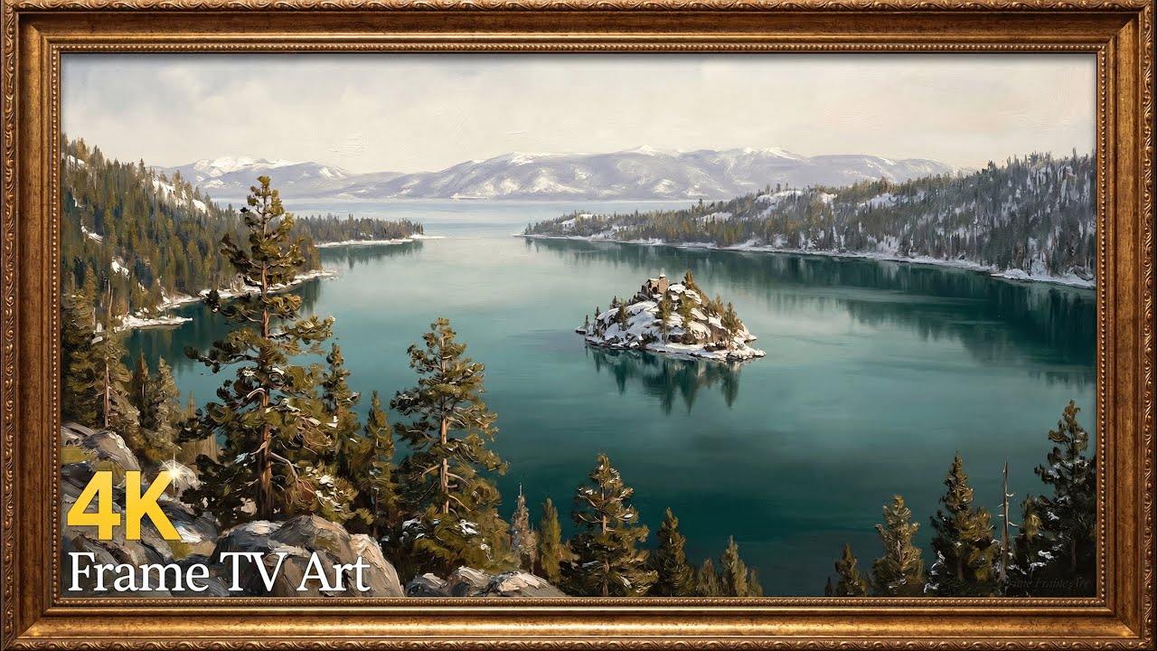 Emerald Bay in Late Winter Oil Painting | Gold Frame TV Art Screensaver | 2 Hours