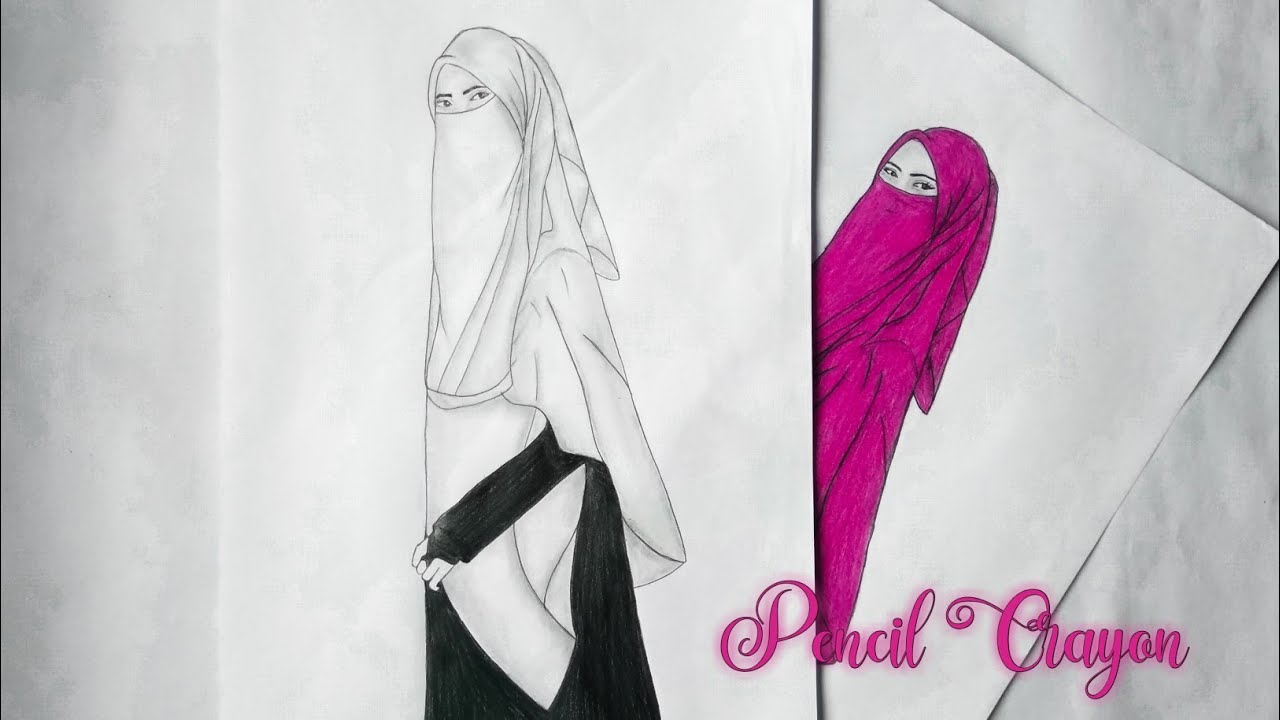 How To Draw A Hijab Girl | Hijab Girl Drawing Tutorial with colour | Very Easy | Pencil Crayon