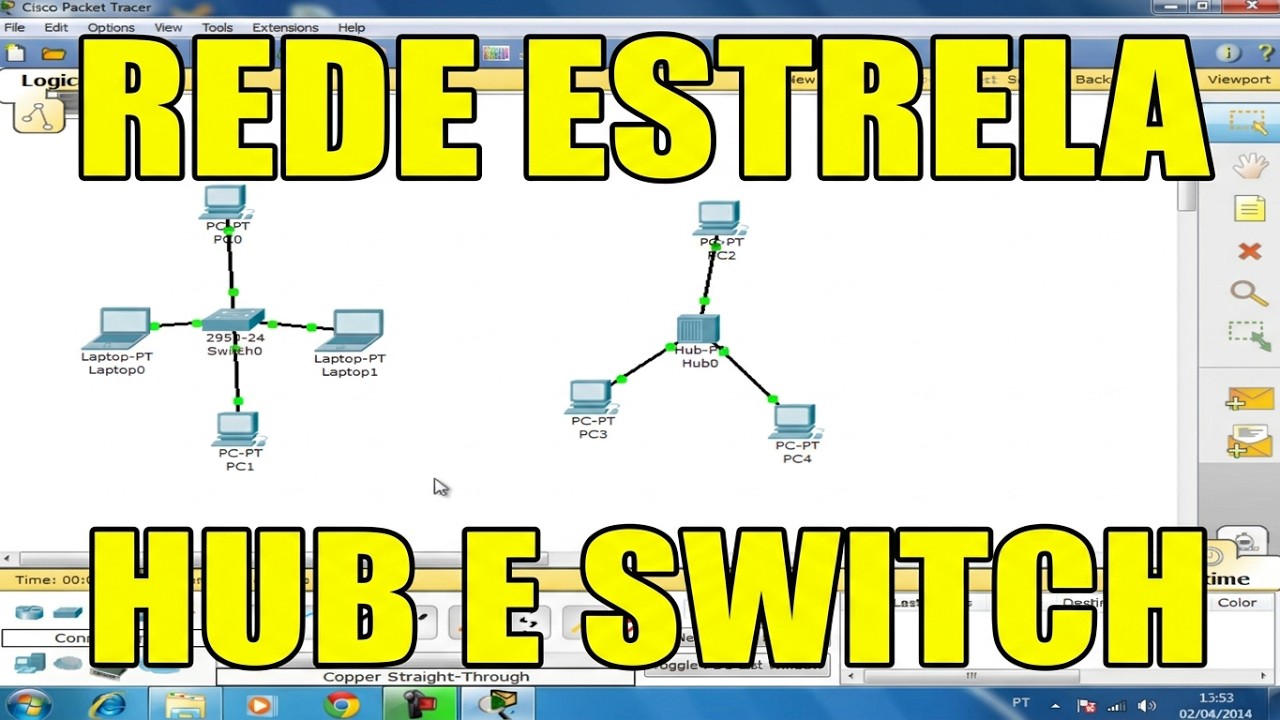 REDE ESTRELA COM HUB E SWITCH NO CISCO PACKET TRACER