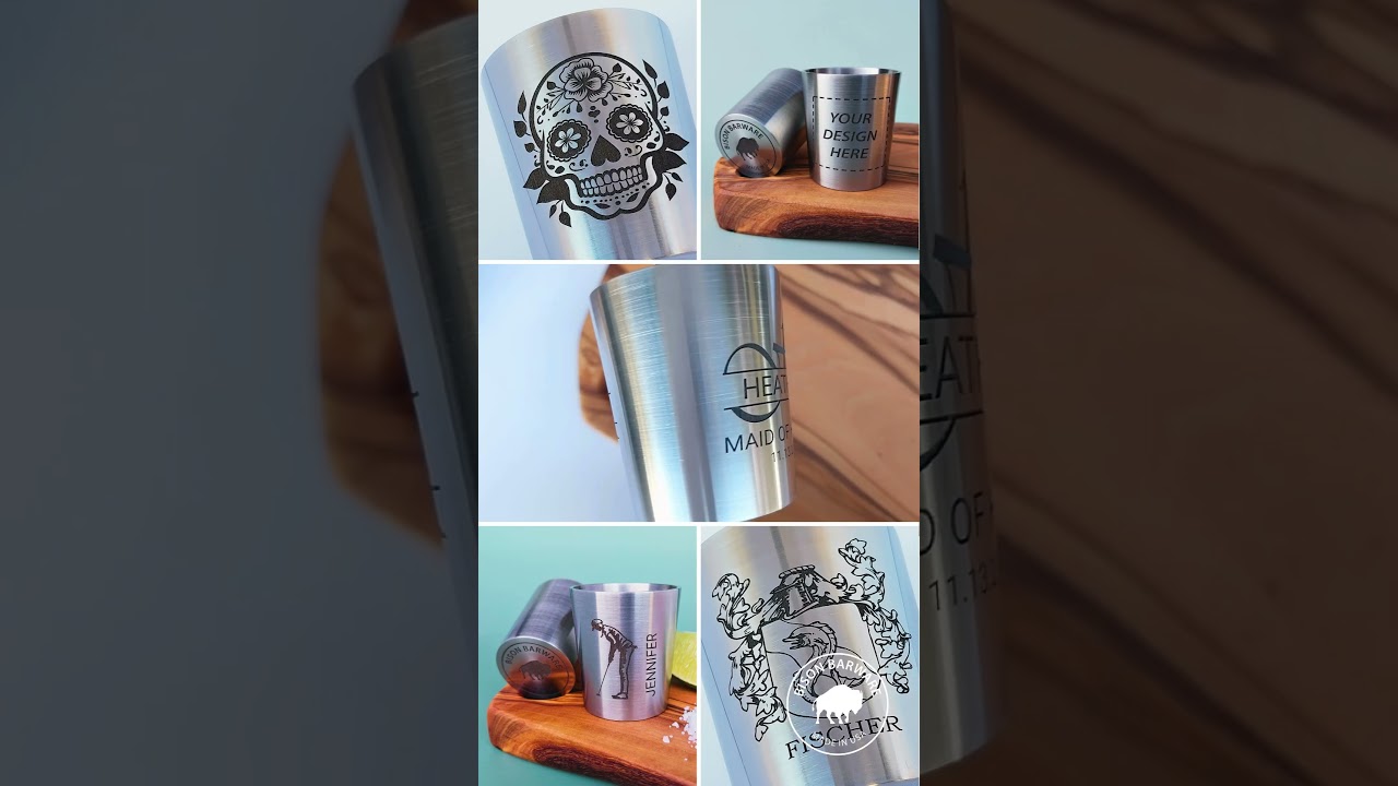 Fiber Laser Engraving 304 Stainless Steel, Rotary, Barware, Shot Glasses, Epilog G100 60W MOPA