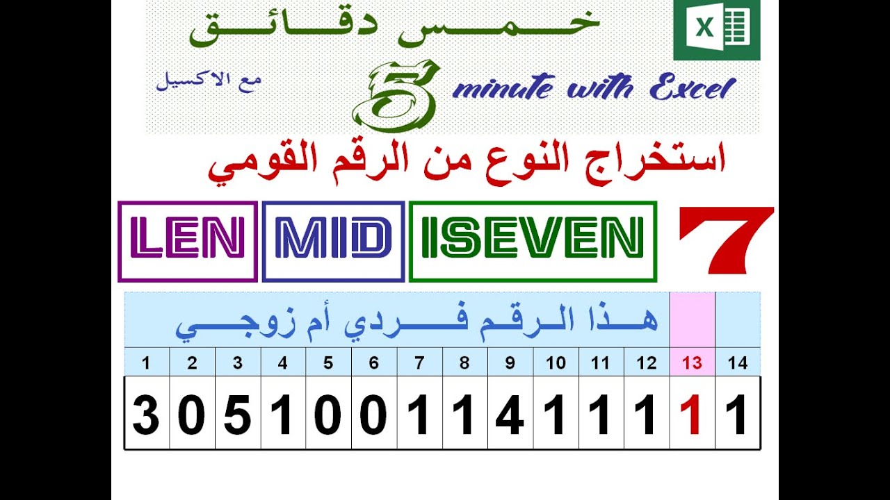 عندما تريد استخلاص النوع سواء ذكر أو أنثى من الرقم القومي عن طريق دالة len -  mid -  iseven