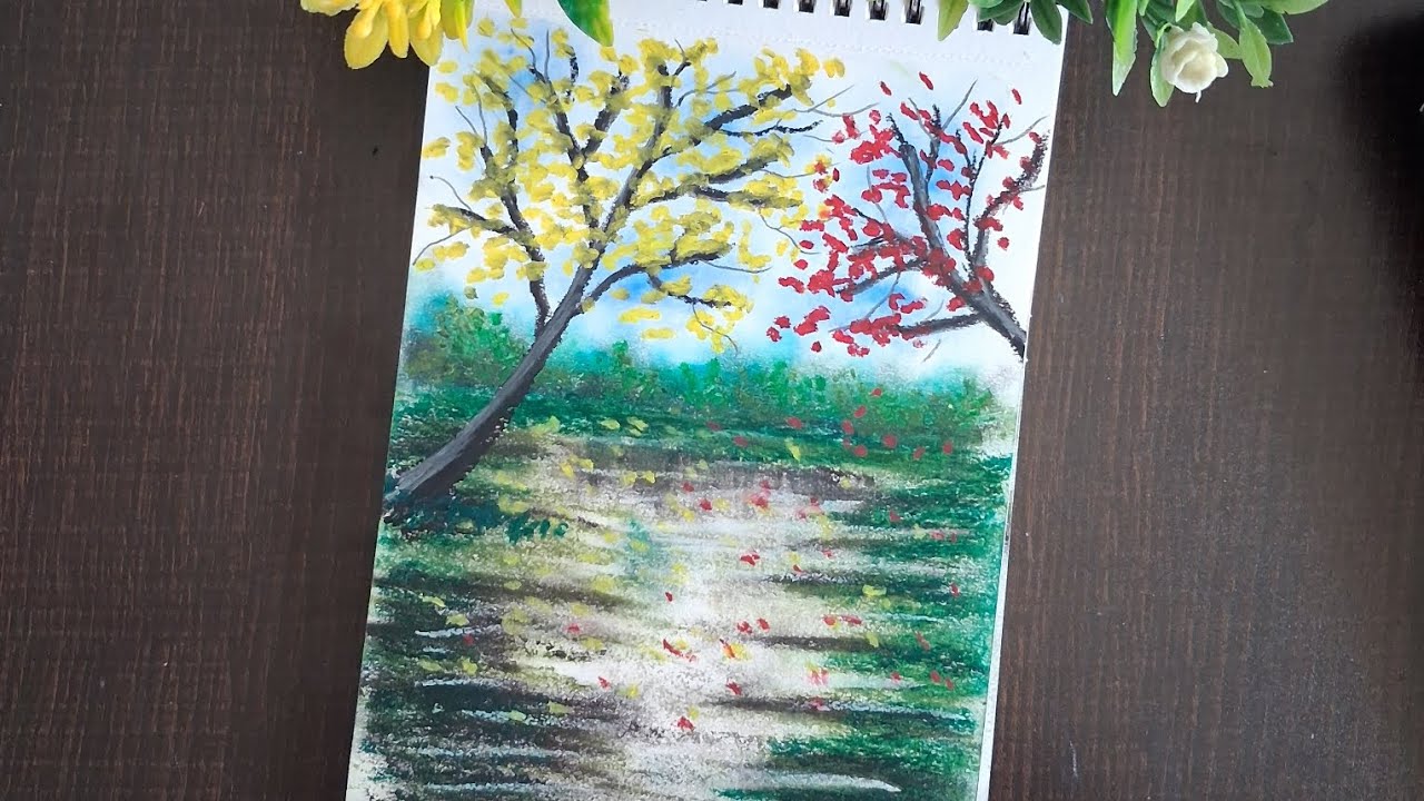 Paint with me🌸#landscapedrawing #acrylicscenery #artandcraft #oilpastel #easypanting #art#drawing