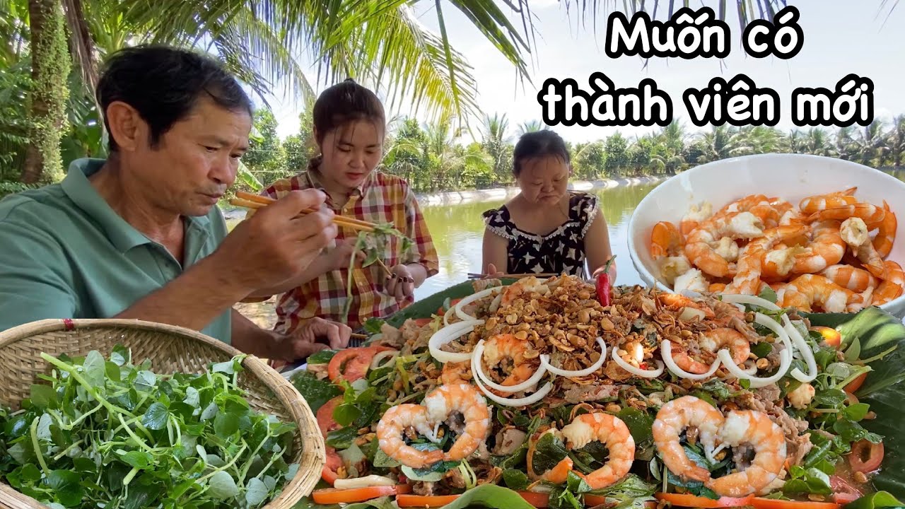 Hái mớ rau càng cua làm GỎI CÀNG CUA TÔM THỊT, thương cha Quyên không muốn chạy bộ nữa. Quê Tôi #23