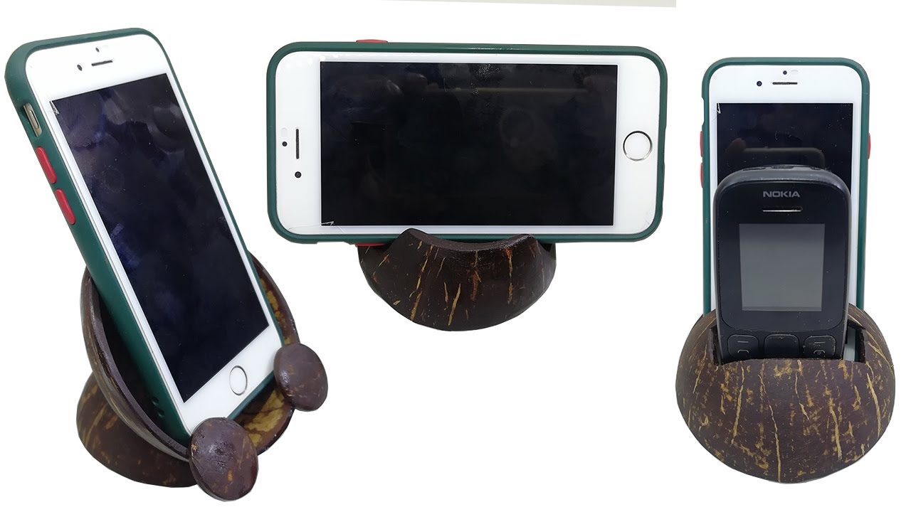 DIY Mobile Holder || 3 Simple Cell Phone Stand From Coconut Shell || How To Make Mobile Stand