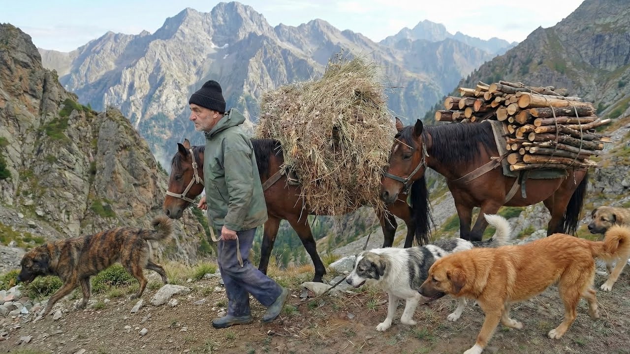 Hard Life of a Lonely Village Grandfather Working in the Mountains with a Horse