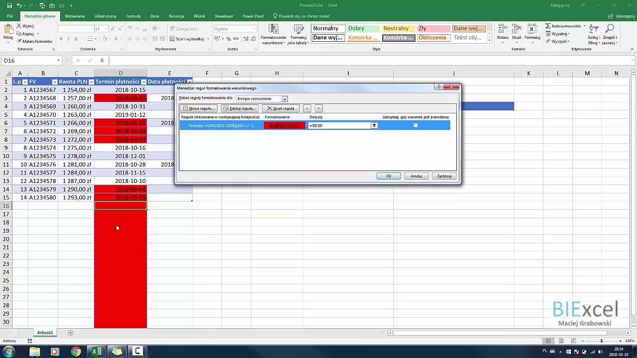 Excel - Porada 33 - Kontrola terminów płatności faktur przy pomocy formatowania warunkowego
