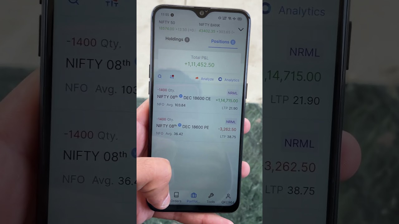F&O option trading PE put call CE options 1.1 lakhs profit running zerodha kite