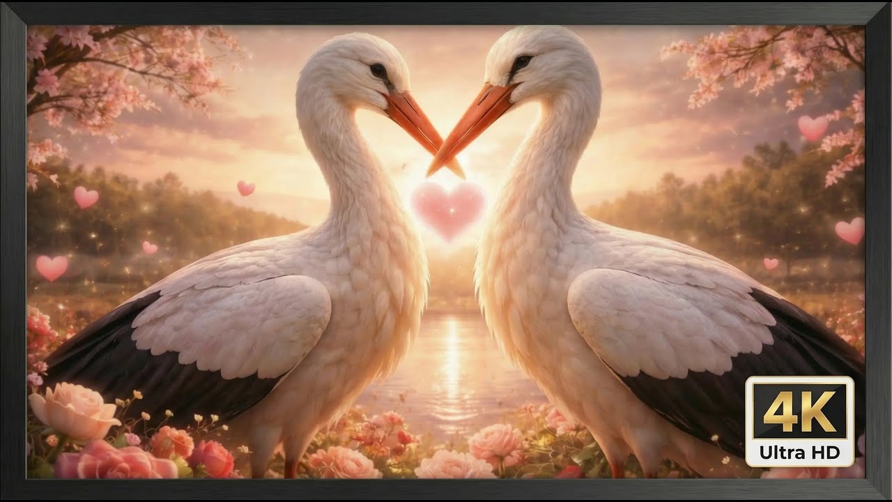 Romantic Storks at Sunset Valentine's Day Ambient Art for Elegant TV Frame 4k No Sound 3H