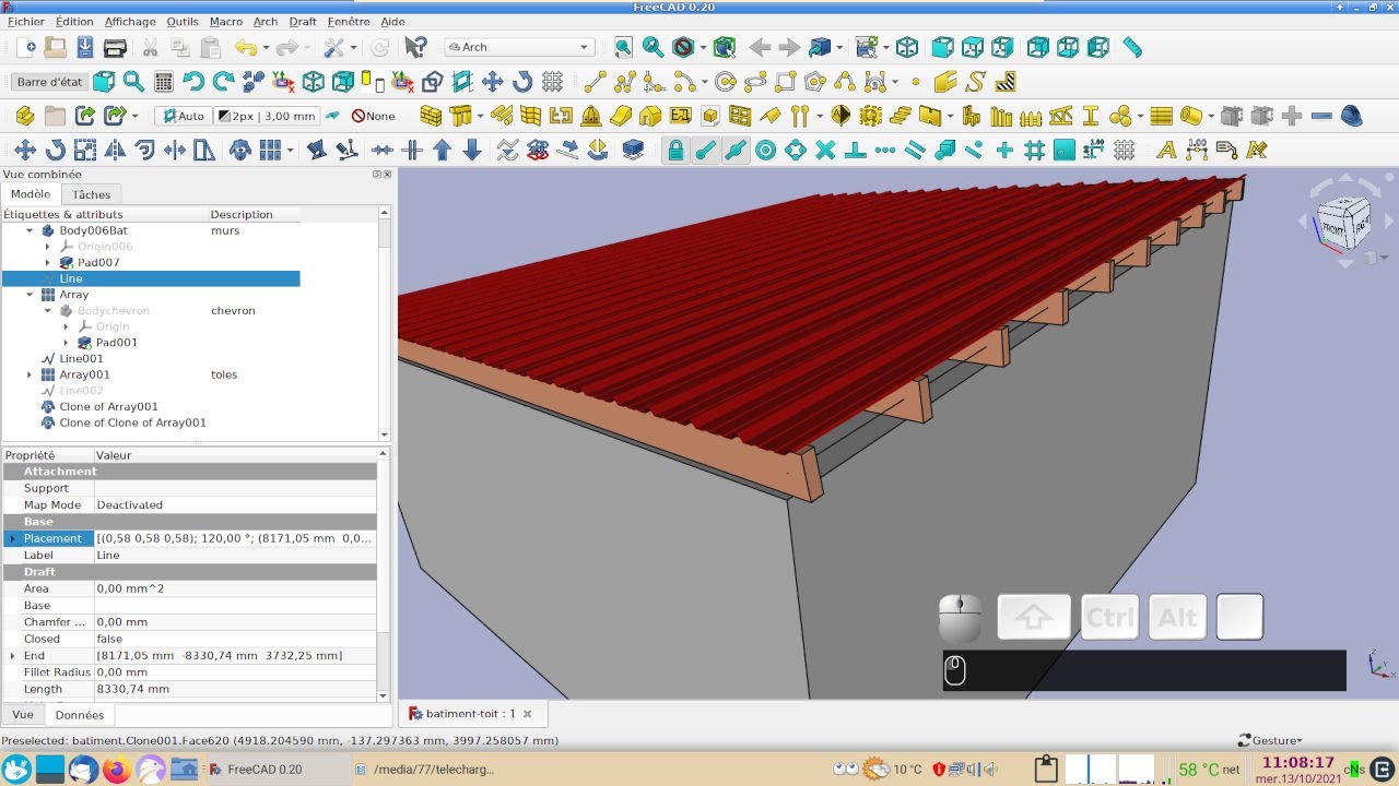 FreeCAD 0.20 : Toit en tôle (Assembler - Déplacer - Pivoter - Mise à l'échelle)