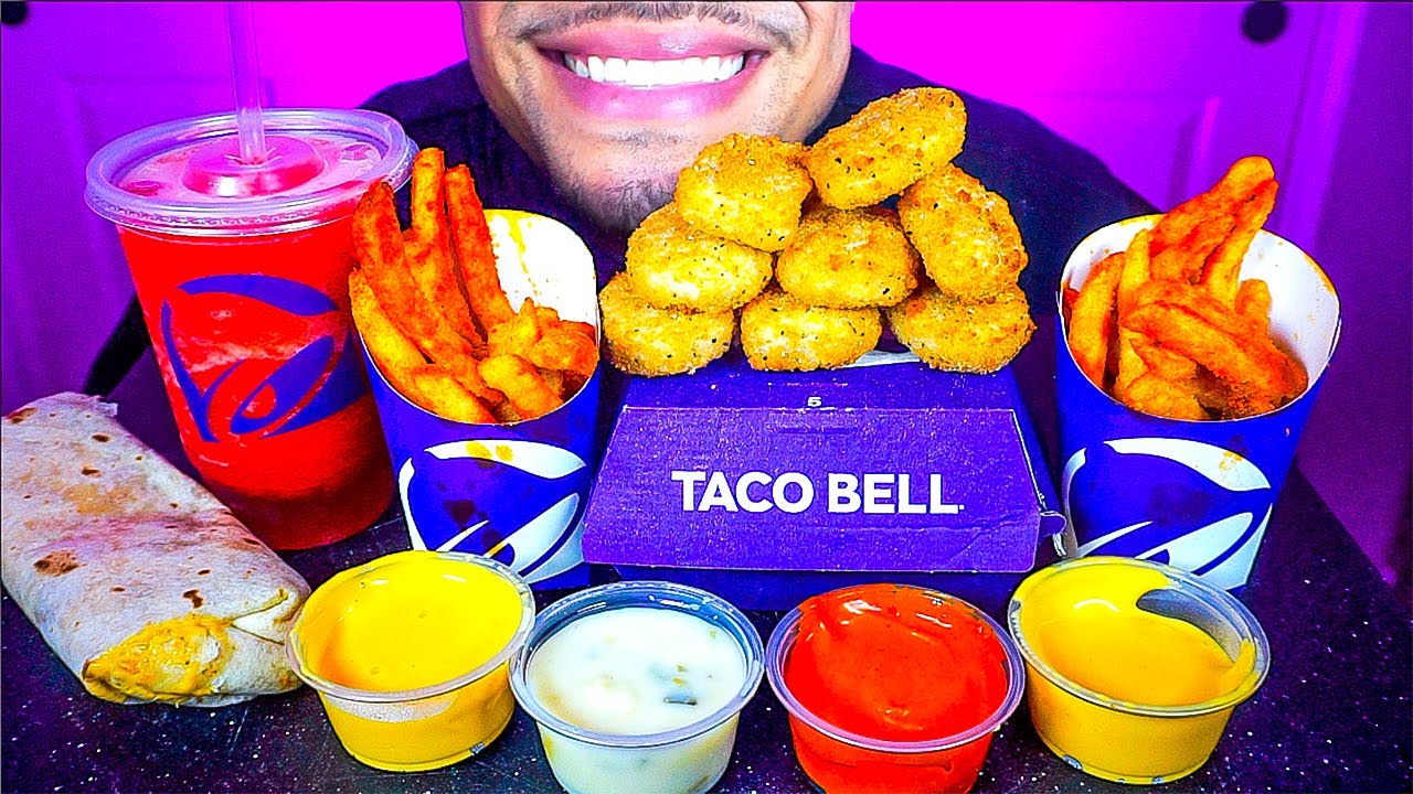 ASMR TACO BELL CHICKEN NUGGETS SAUCES NACHO CHEESE FRIES EATING MOUTH SOUNDS NO TALKING JERRY