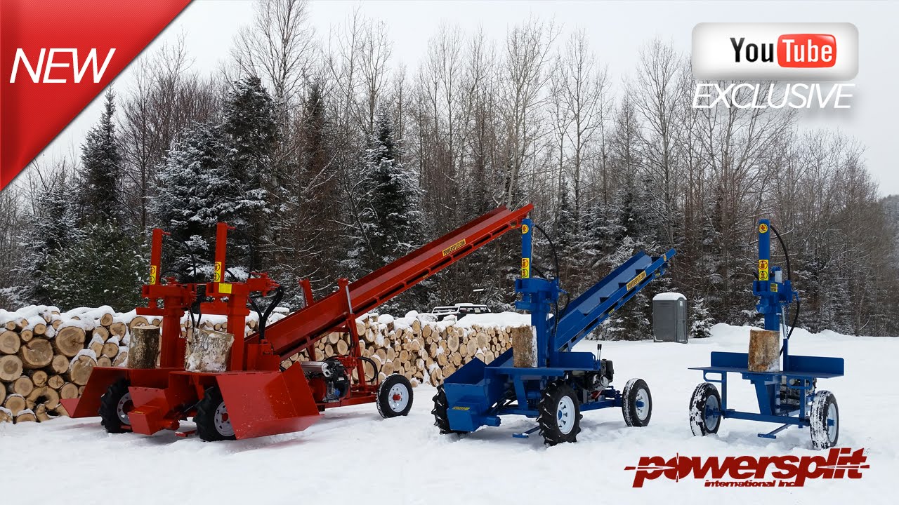 Wood Splitter Demonstration Overview on Powersplit full line of firewood splitters and conveyors