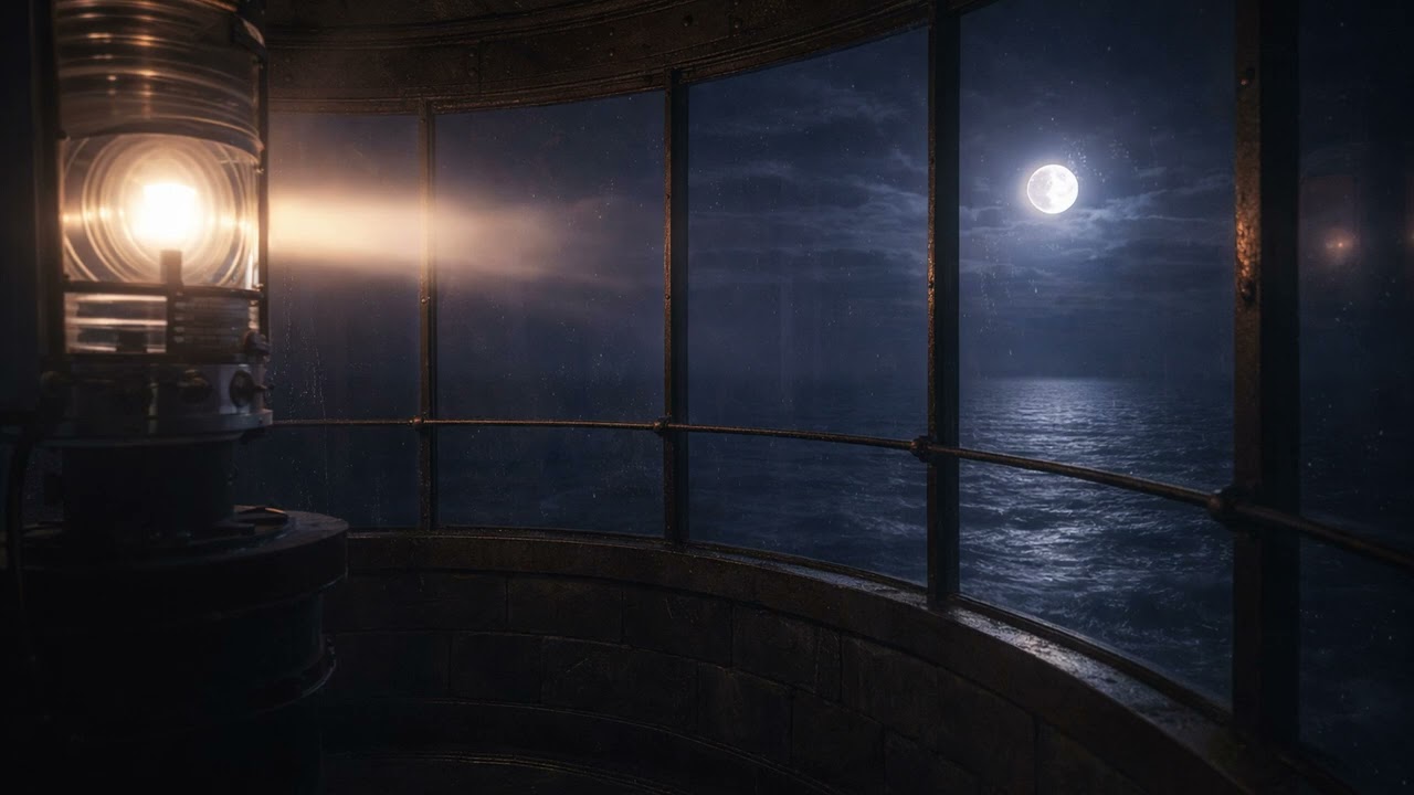 Ambient Ocean Sounds for Sleep  Lighthouse Moonlight View  2 Hours