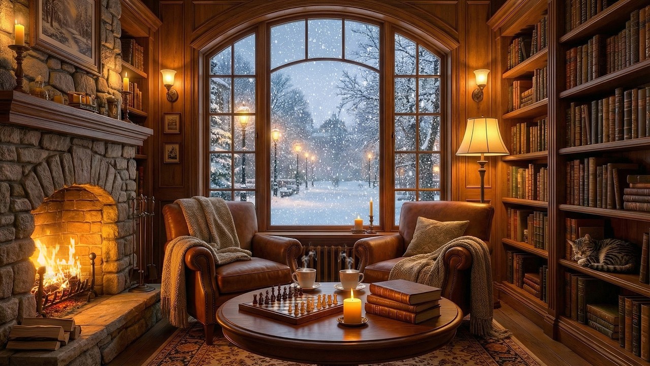 Cozy Winter Coffee Shop Jazz ❄️ Warm Piano & Crackling Fireplace Sounds for Study & Focus