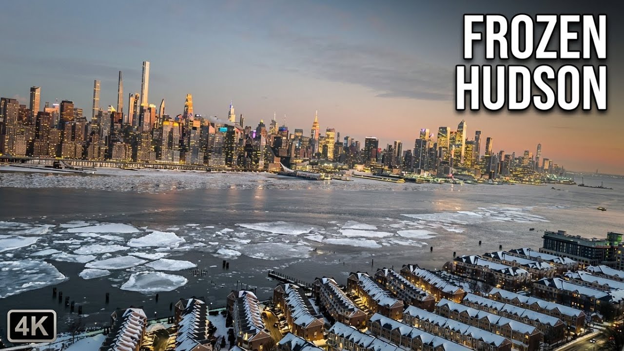 Frozen Hudson — New York Manhattan Skyline 4K (Winter Sunset Ambience)