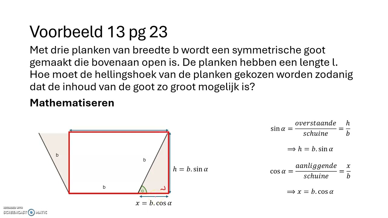Extremumproblemen met goniometrische verbanden vb dakgoot