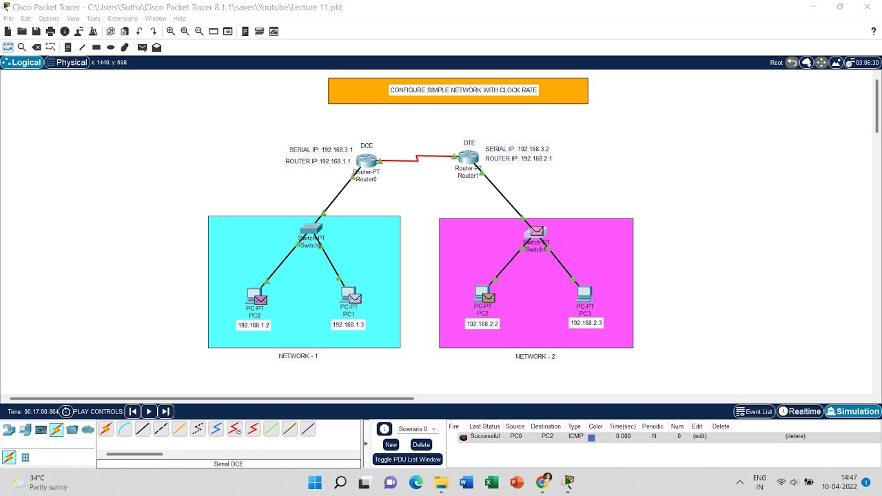 Configure Simple Network with Clock Rate using Cisco Packet Tracer