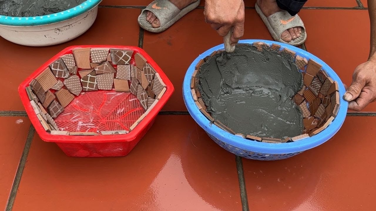 Unique And Creative - Details How To Make Cement Plant Pots From Ceramic Tiles And Plastic Baskets
