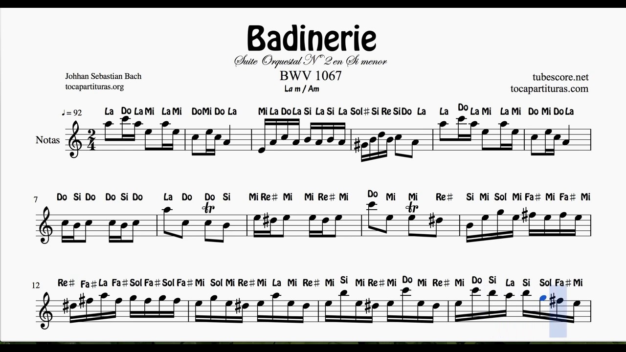 Badinerie con Notas Partitura de Flauta Violin Oboe Clave de Sol