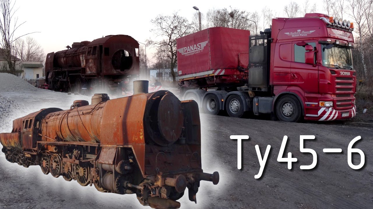 Transport ponadgabarytowy: załadunek parowozu Ty45-6 na specjalną naczepę