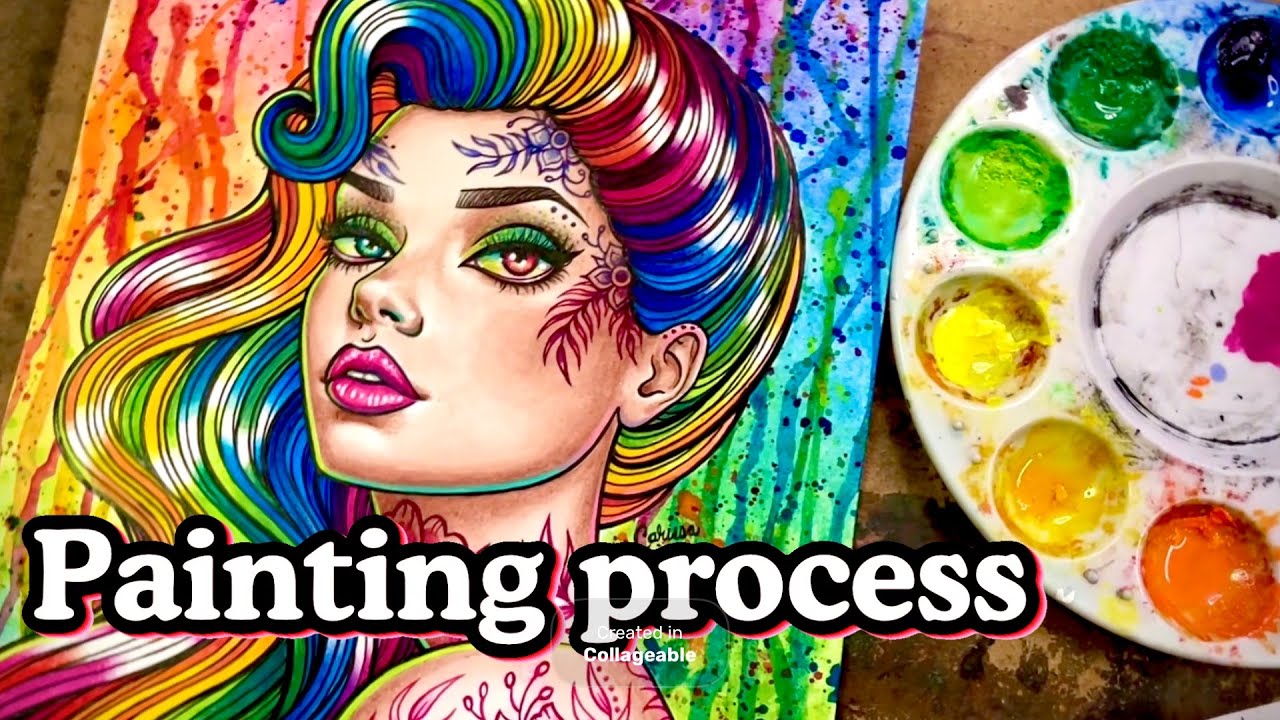 Rainbow Hair Girl Painting Process Timelapse - Watercolor and Gouache Speed Painting Video